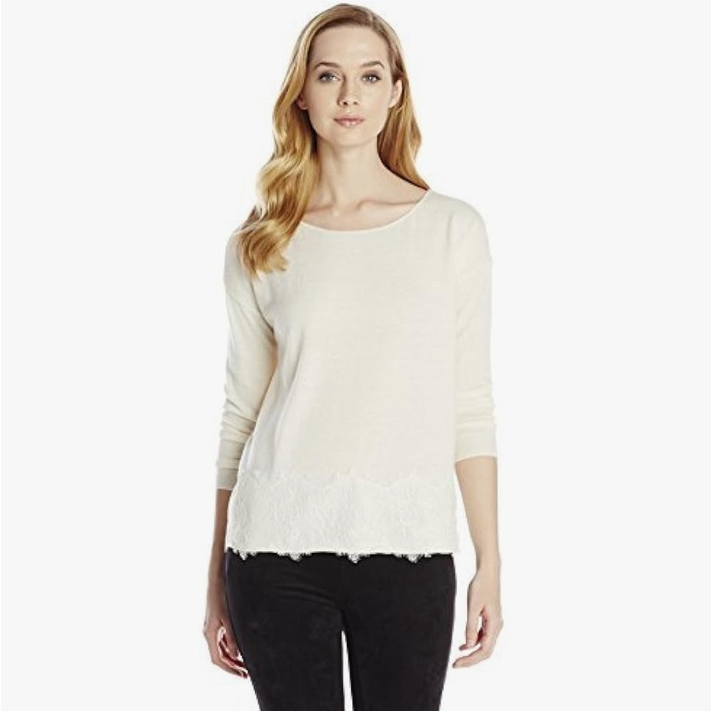 Joie Beige Bastienne Wool Cashmere Blend Lace Hem Sweater